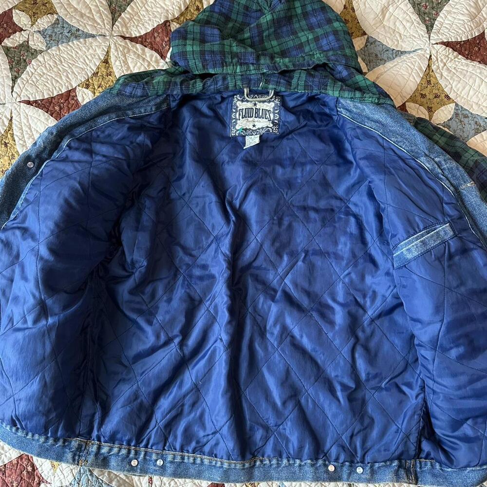 Vintage Fluid Blues denim jacket with green plaid hood & sleeves Size M - Picture 3 of 5